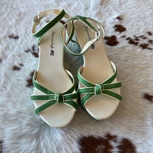 American Eagle Outfitters Green and Cream Knotted Ankle-Strap Wedge Heels